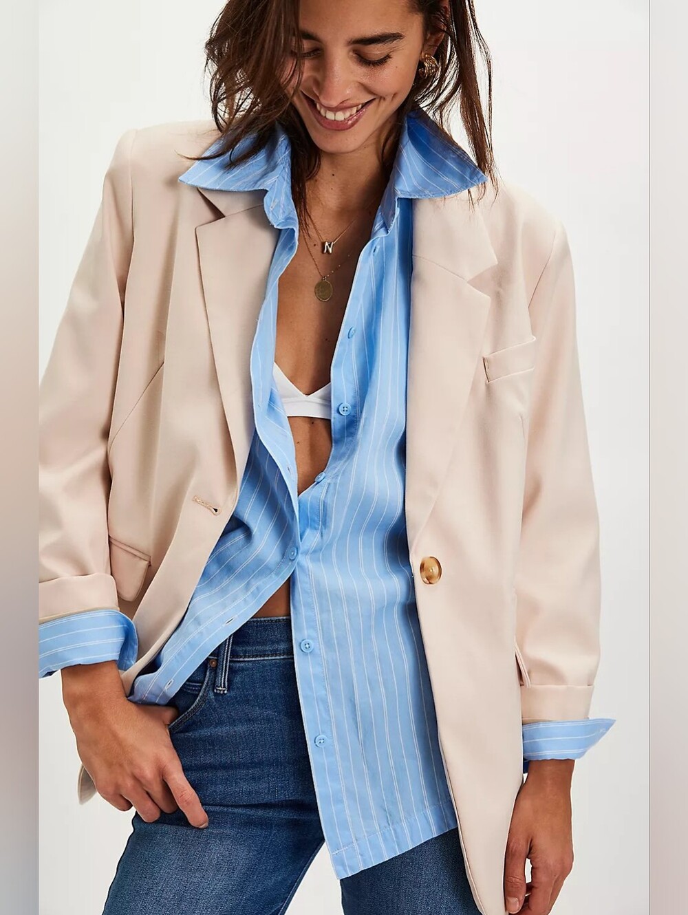 Free People Paper Cut Blazer, Ivory, Size Medium